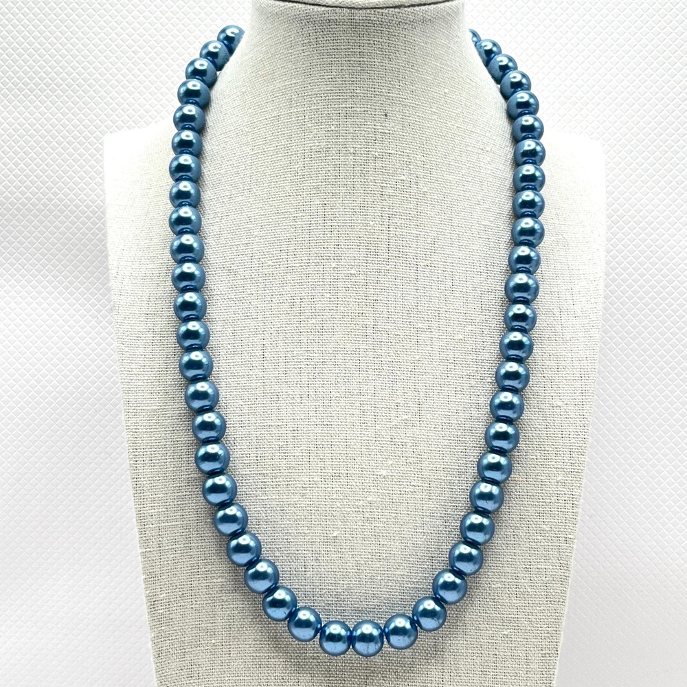 Vintage Faux Blue Glass Pearl Small Statement Necklace 19"
